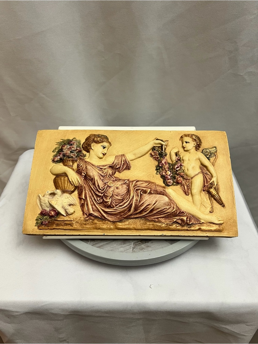 Classical Goddess Cherub Angel Heavy Stone Style Wall Plaque Floral Relief
